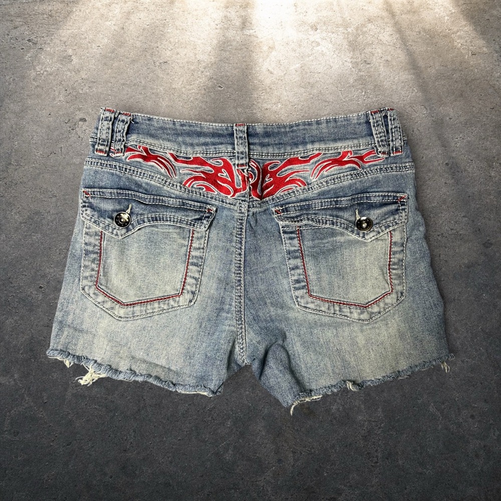 Ninth Hall Alyssia Flame Denim Shorts Blue Red Y2K Goth Biker Size 12